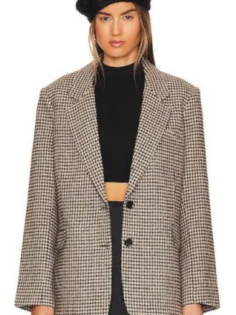 Astr Houndstooth Single-Breasted Blazer Jacket - Black & Cream (Size M)